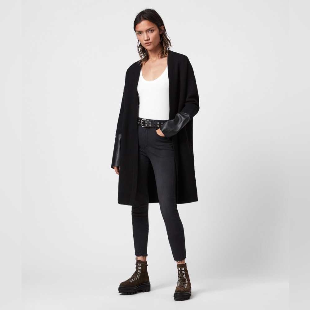 ALLSAINTS All Saints Essy Leather Cuff Trim Merino Wool Black Sweater Cardigan